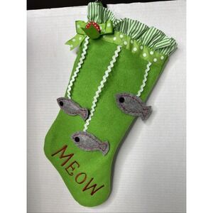 Christmas Stocking Kitty Cat  Fish Rug-Hooking Fleece Felt Embroidered "Meow"